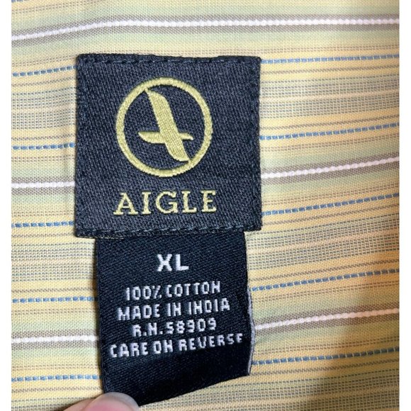 Aigle Mens XL Yellow Green Cotton Button Down Short Sleeve Shirt - Picture 4 of 5